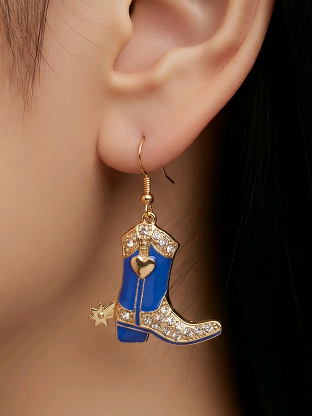Royal Blue Cowboy Boot Earrings Rhinestone Western Cowgirl Jewelry Rodeo Glam